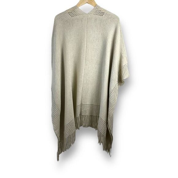 Max Studio Womens Open Front Oversized Wrap Sweater Beige Knit Fringe Lagenlook - Picture 2 of 7
